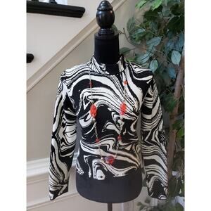 MNG Mango Sweater Marble XL White Black Abstract Wavy Knit Long Sleeve Mock Neck